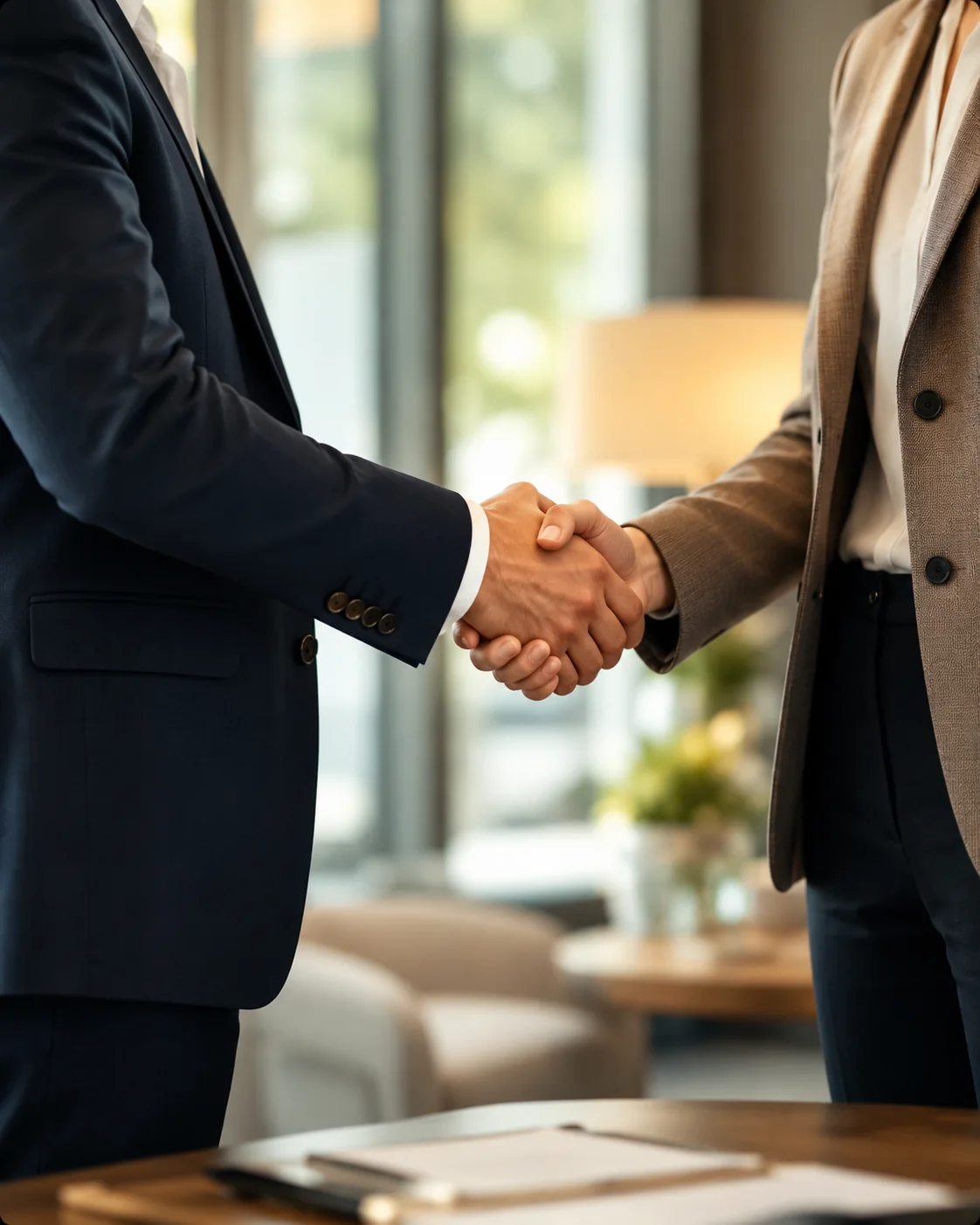 Asesor inmobiliario estrechando la mano de un cliente en una oficina profesional